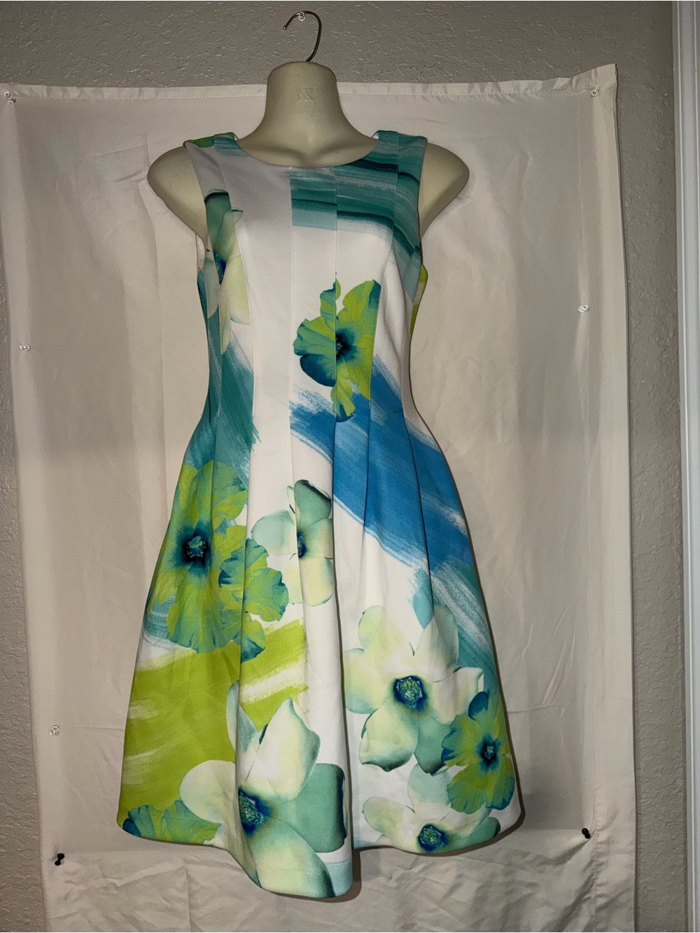 Calvin Klein White Midi Dress with Teal & Lime Floral Print